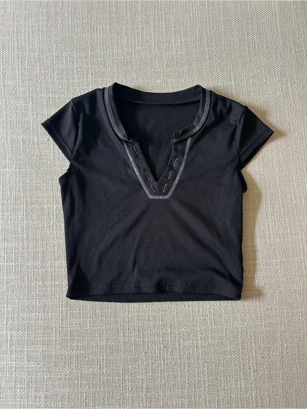 Girl’s Black Ribbed Short Sleeve Henley Tee